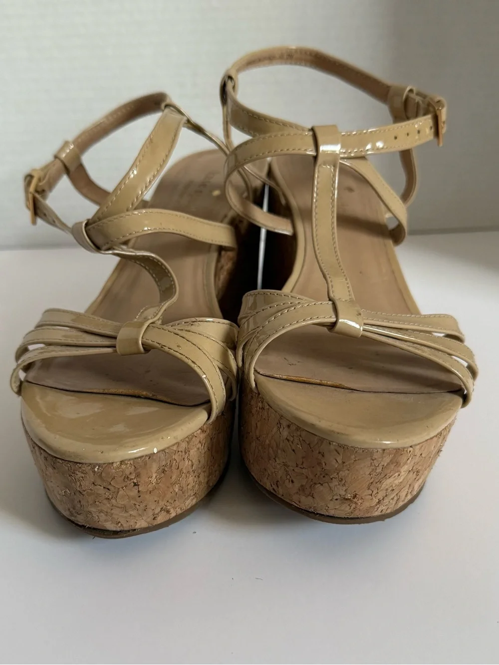 Kate Spade Beige Patent Cork Wedge Sandals Size 7